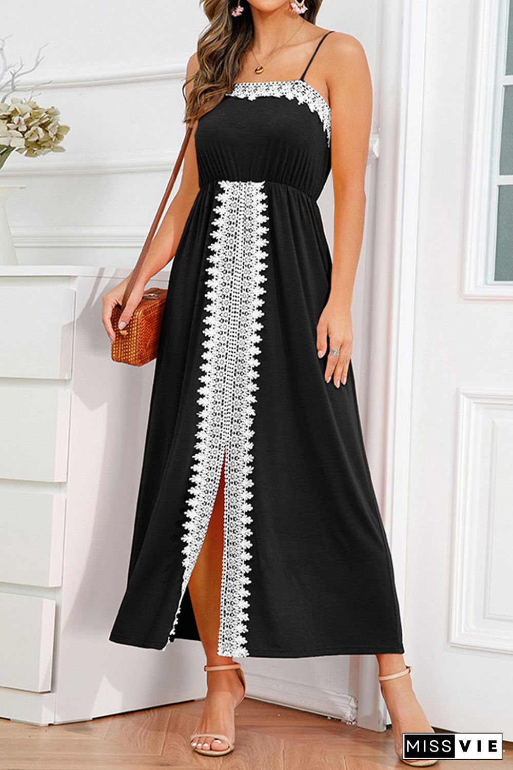 Plain Lace Edge Split Maxi Dress