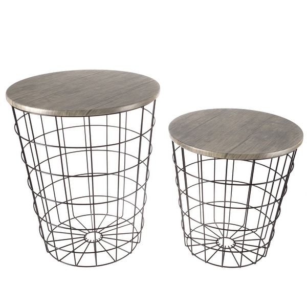 Nesting End Table with Storage - Set of 2 Convertible Round Metal Storage Basket Base with Veneer Top Accent Side Table (Gray)