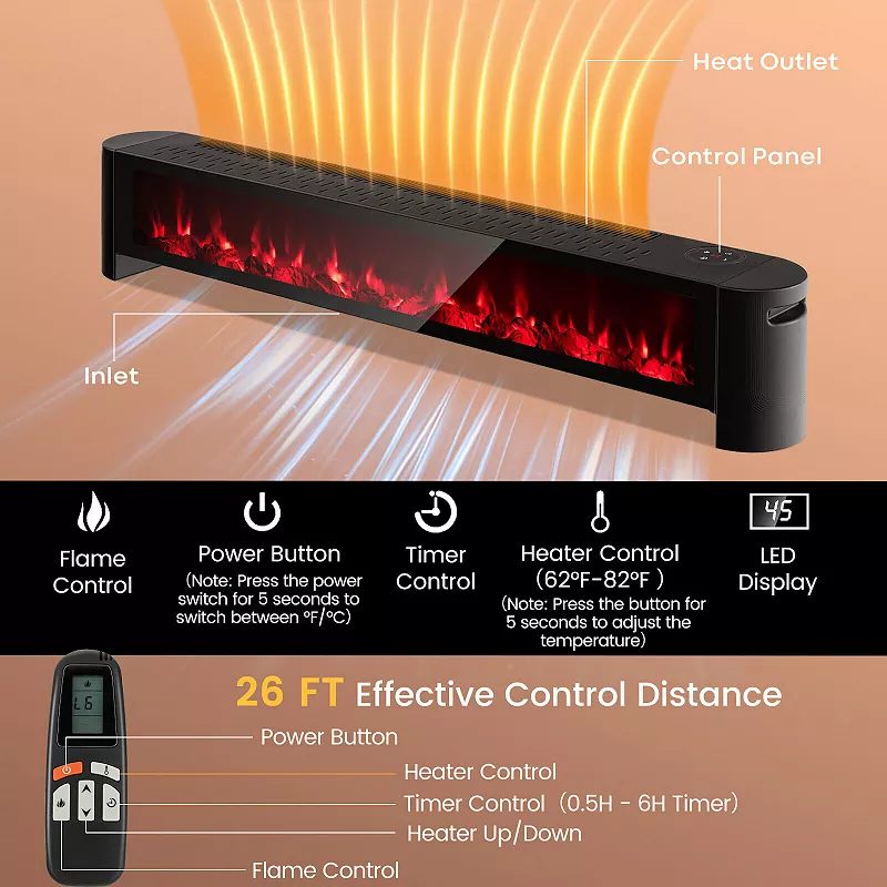 🔥(Last Day Sale 70% OFF) 💥CLEARANCE SALE💥1400W Electric Baseboard Heater with Realistic Multicolor Flame-Black