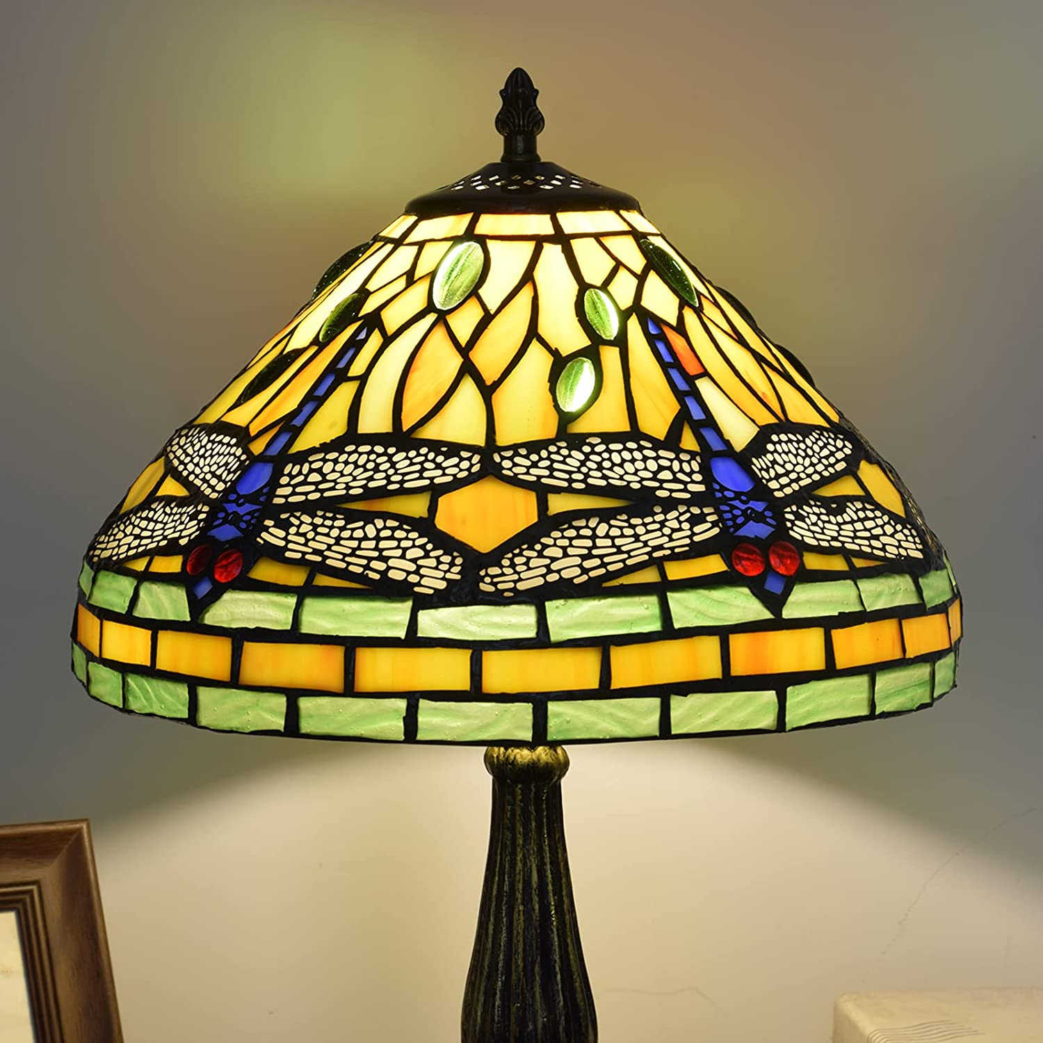 SHADY Tiffany Lamp Stained Glass Lamp Dragonfly Yellow Bedroom Table Lamp Reading Desk Light for Bedside Living Room Office Dormitory Dining Room Decorate  12x12x18 Include Light Bulb