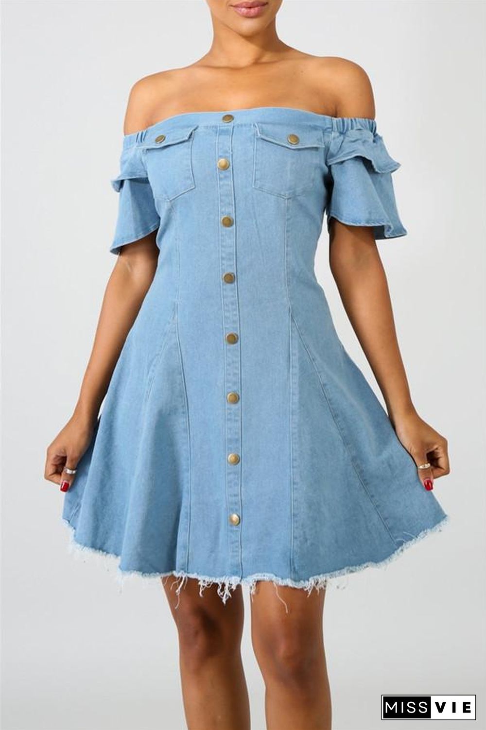 Off the Shoulder Ruffle Sleeve Denim Dress