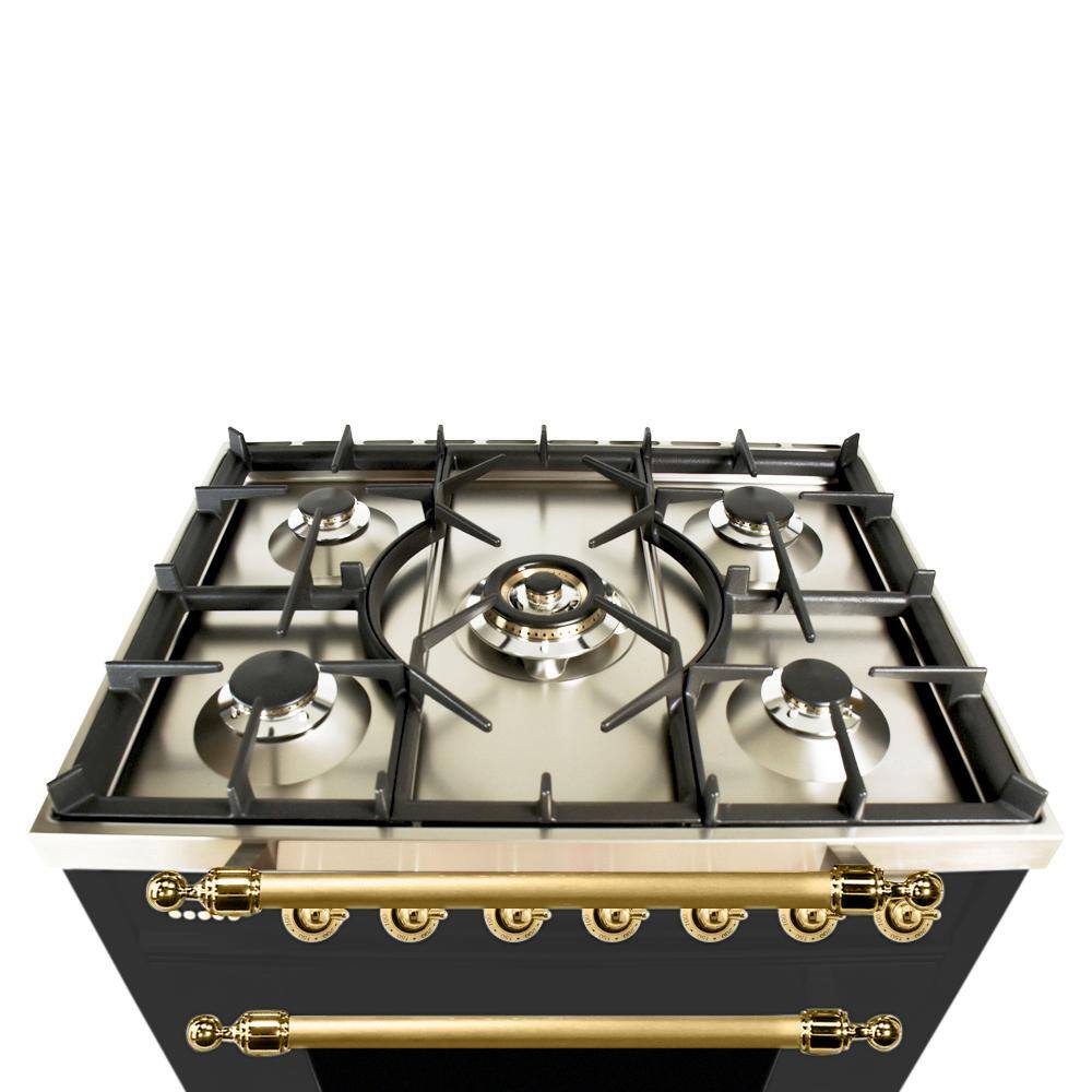 Hallman 30 in. 3.0 cu. ft. Single Oven Dual Fuel Italian Range True Convection 5 Burners LP Gas Brass Trim in Matte Graphite HDFR30BSMGLP