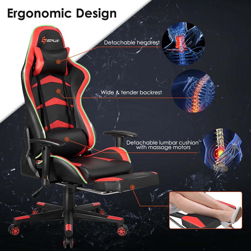 LED Massage Gaming Chair, Height Adjustable Racing Computer Office Chair with Footrest, Ergonomic High Back PU Swivel Game Chair