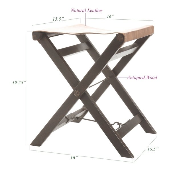 Dark Wood and Rugged White Leather Folding Stool