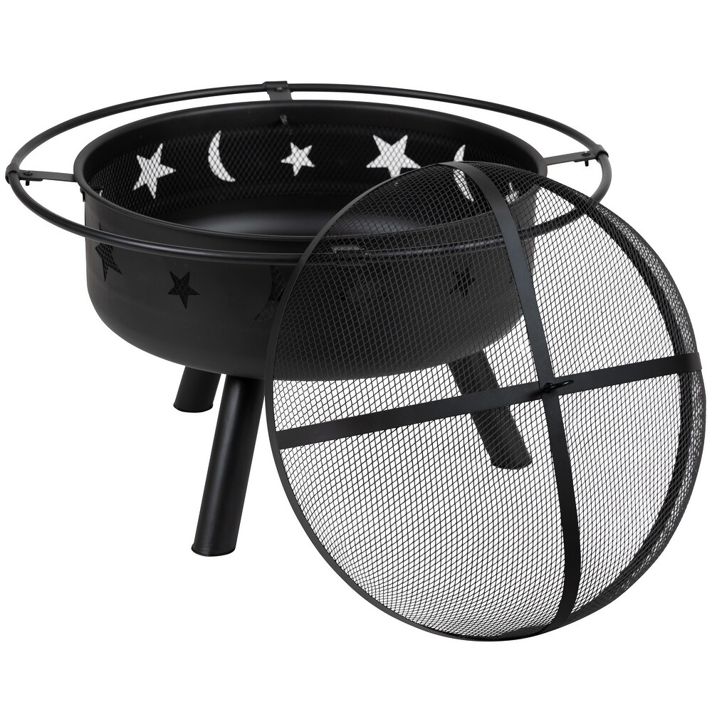 Star and Moon Fire Pit with Mesh Cover   4 Poly Resin Adirondack Chairs