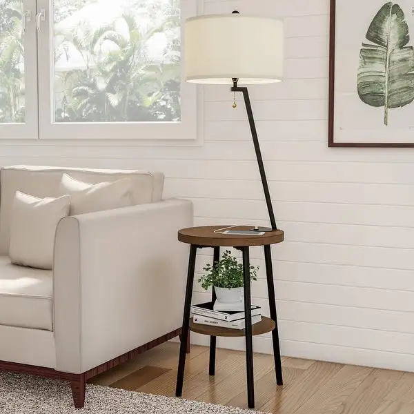 Lavish Home Floor Lamp with Side Table, USB Charging Port, Drum Shade - 58