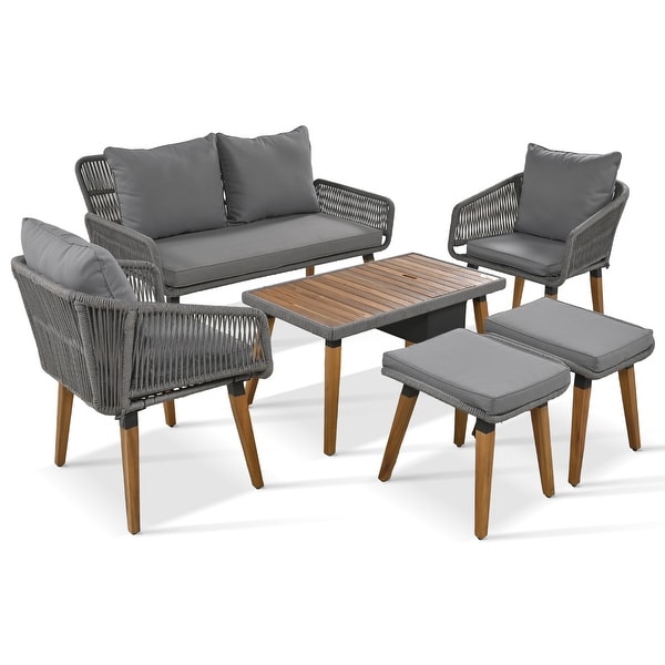 Grey Acacia Wood Patio Set: 6Piece Outdoor Furniture Ensemble with Cool Bar Table