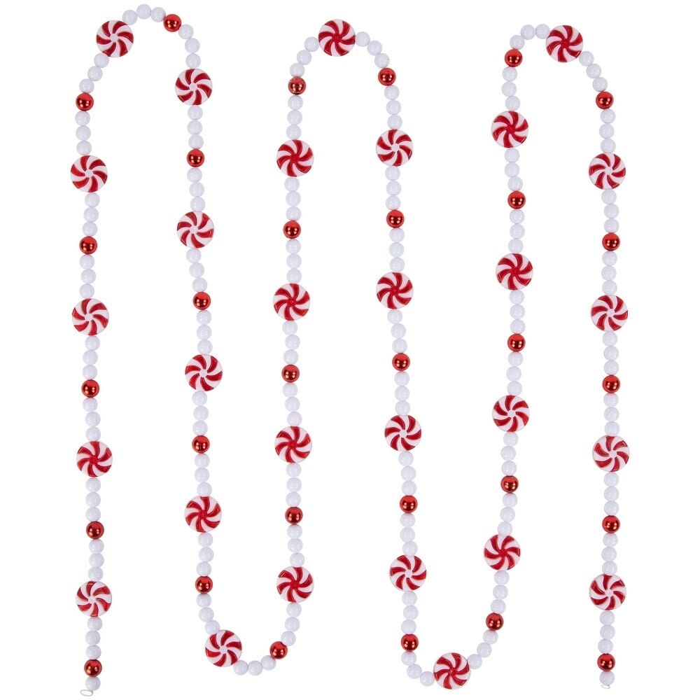 9' Red and White Peppermint Candy Beaded Christmas Garland Unlit