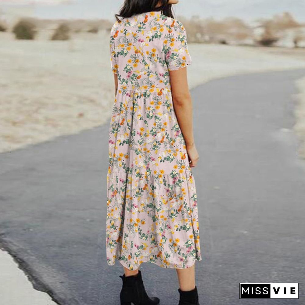 Loose Women Floral Printed Crew Neck Long Shirt Dress Holiday Baggy Midi Sundress Plus