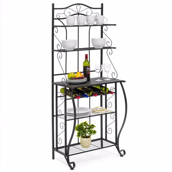 5-Tier Black Metal Cappuccino Finish Shelf Kitchen Bakers Rack Scroll Design with 5 Bottles Wine Storage