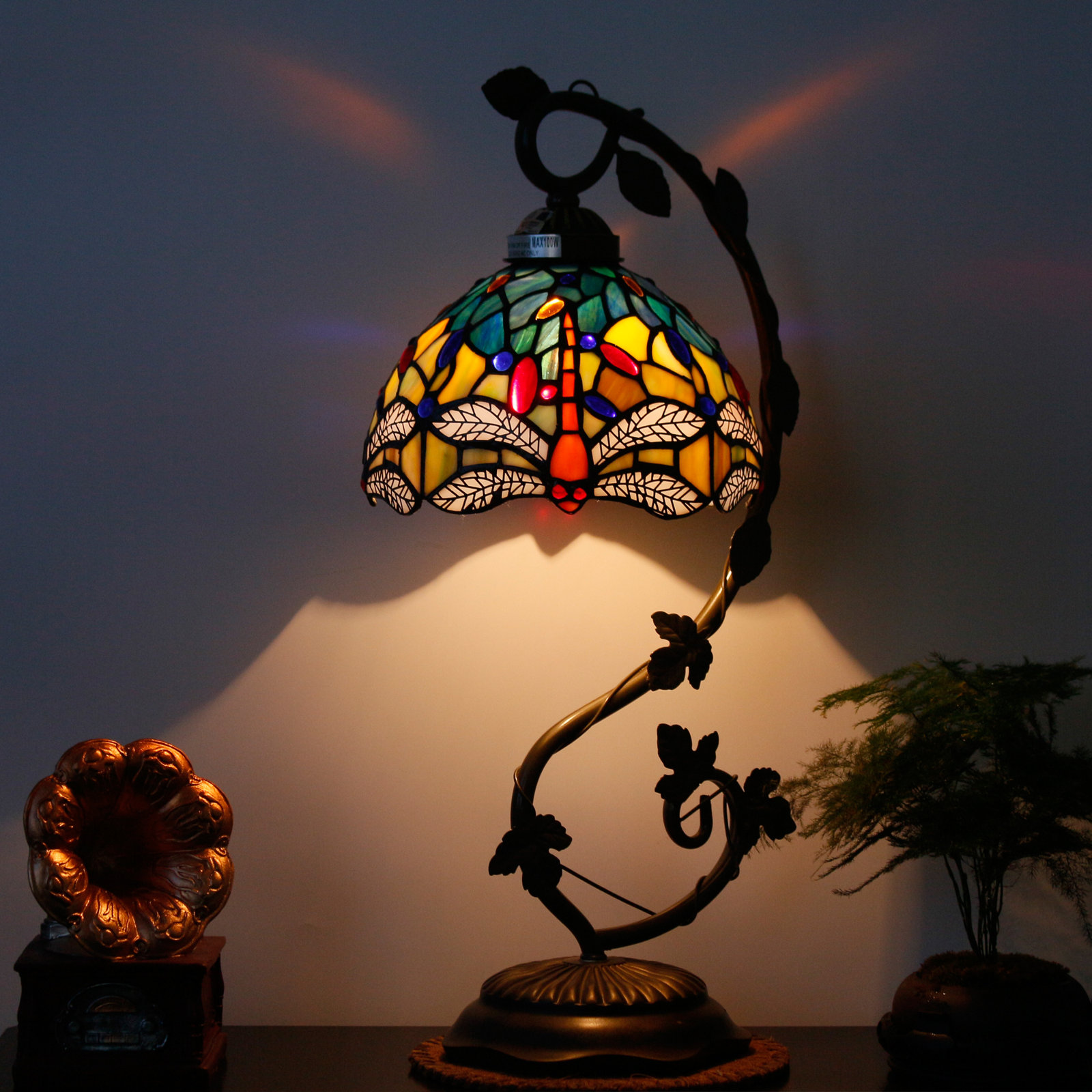  Desk Lamp Stained Glass Table Reading Banker Light Crystal Bead Blue Yellow Dragonfly Style Shade W8H20 Inch S128 World Menagerie LAMPS Parent Lover Kid Living Room Bedroom Coffee Bar Crafts Gift