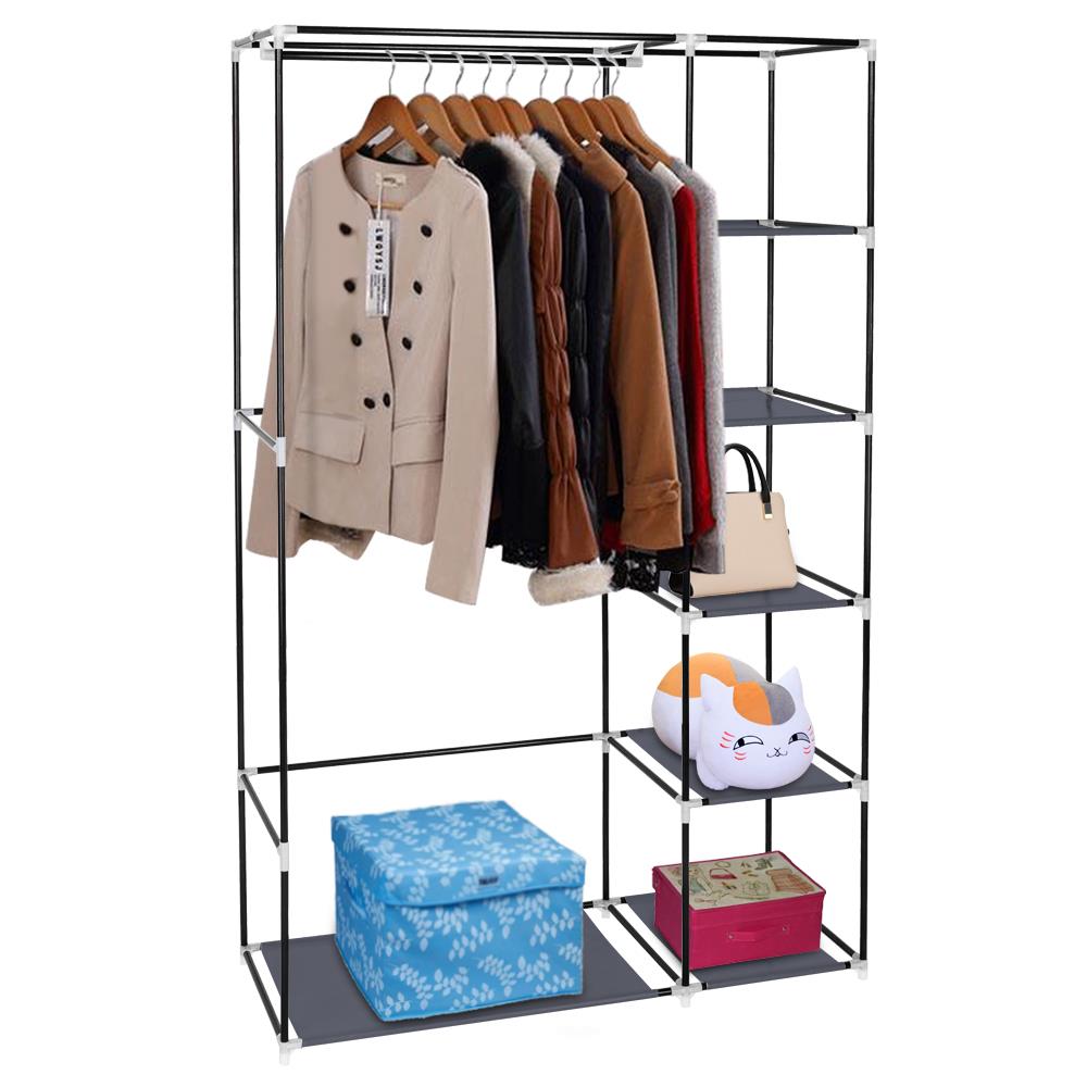 UBesGoo Portable Clothes Closet Non-woven Fabric Wardrobe Double Rod Storage Organizer Gray