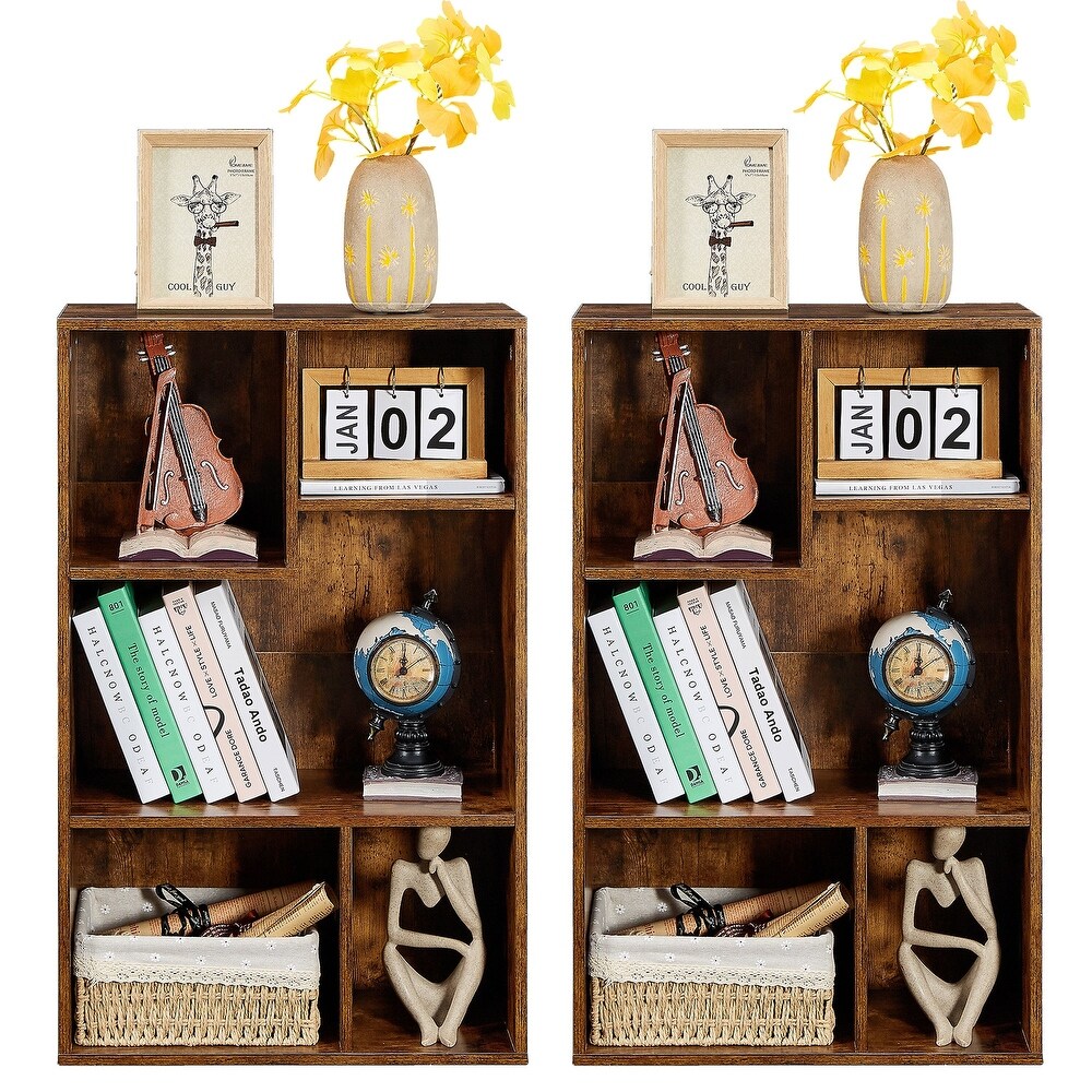 VECELO  Widened Version，(Set of 2)2 Tier Five Open Cube Wooden Bookcase Organizer  Bookshelf