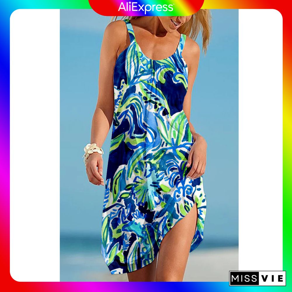 New Boho Nature Scenery Sexy Women Beach Blue Dress Print Off Shoulder Sleeveless Sundress Summer Holiday Beachwear Night Dresse