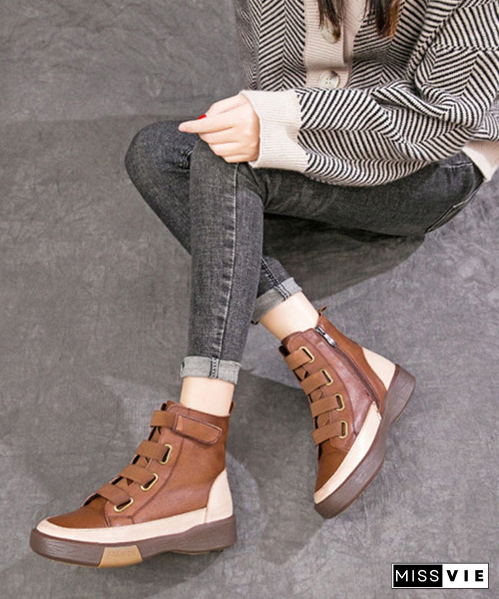 Beautiful Brown Lace Up Platform Boots Splicing Cowhide Leather Ankle boots