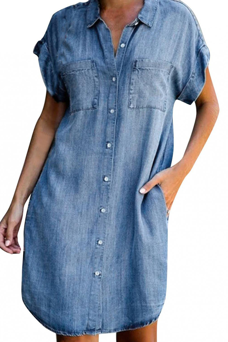 Plus Size Turndown Collar Double Pocket Button Up Denim Mini Dress