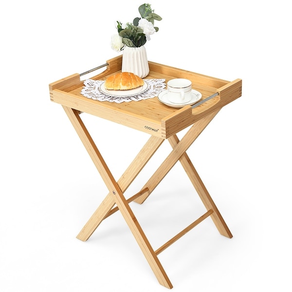 Costway Bamboo Lipped Snack Side Table Multi Functional Folding TV - 18.5'' x 15'' x 23''