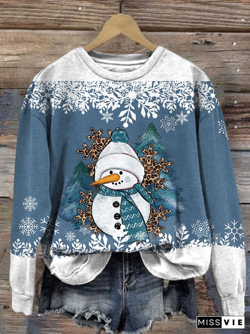 Women's Christmas Snowman Print Crew Neck Sweatshirt