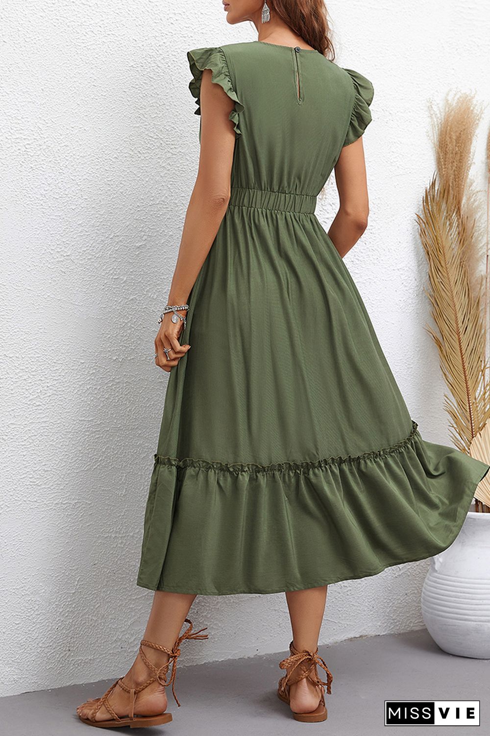 Green Button Down Short Sleeve Long Dress Wholesale