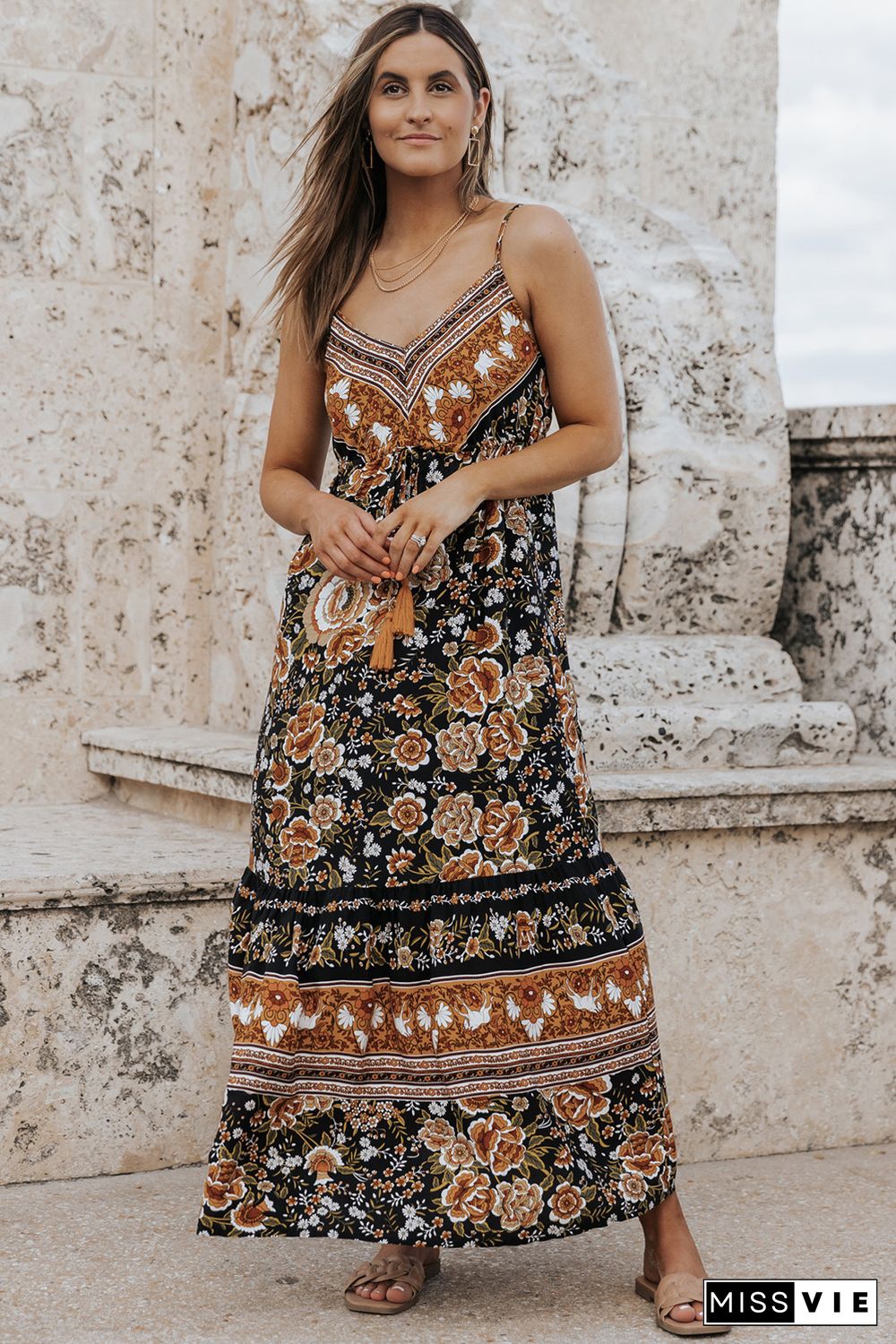 Black Retro Boho Floral Tassel Tie Maxi Dress