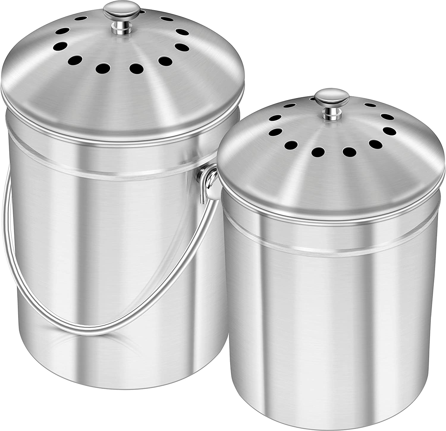 Golden HomeKitchen Set of 2 Stainless Steel Compost Bins for Kitchen Countertop - 1 and 1.3 Gallon Compost Bucket Set with Lids