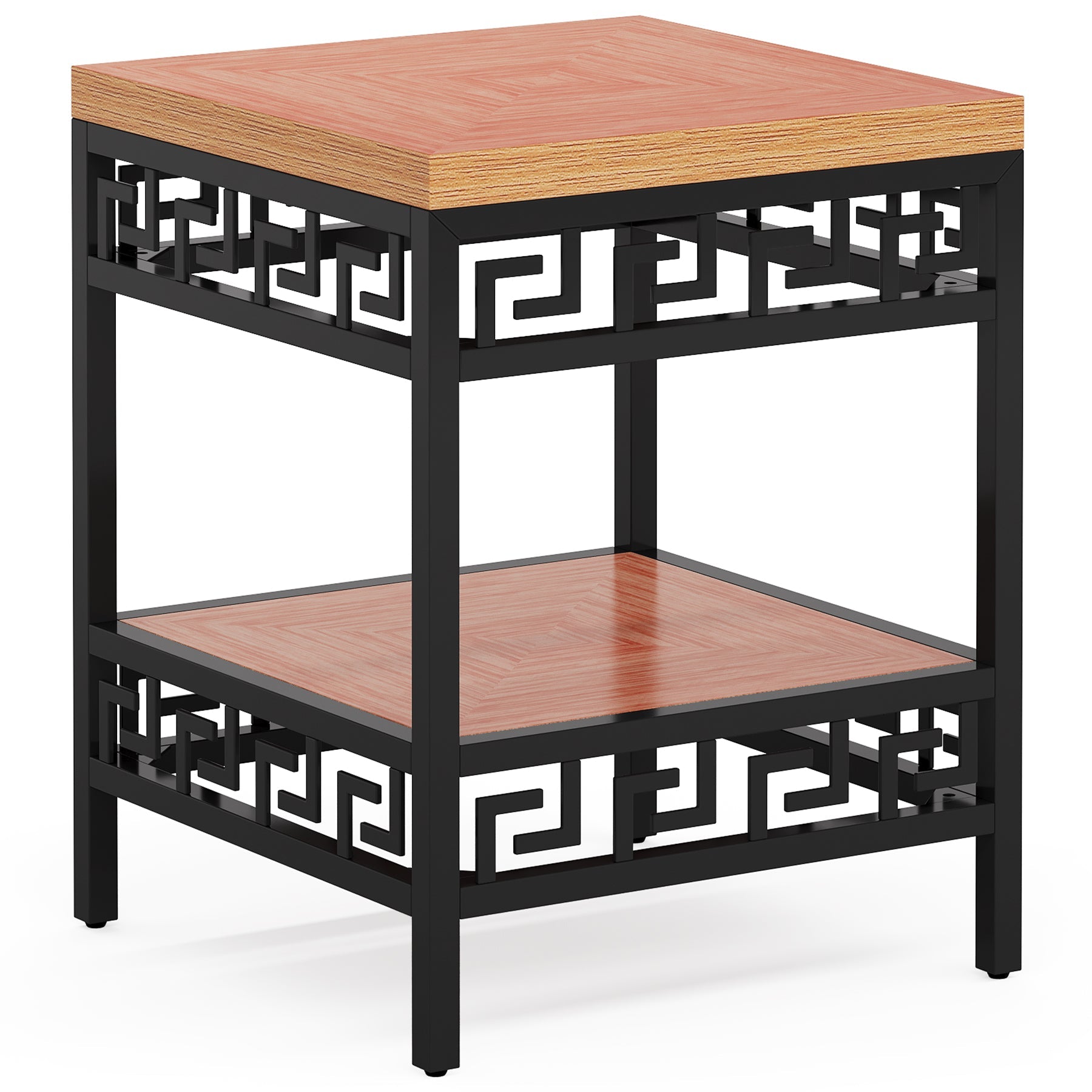 2-Tier End Table, Wood Sofa Side Table with Metal Carving