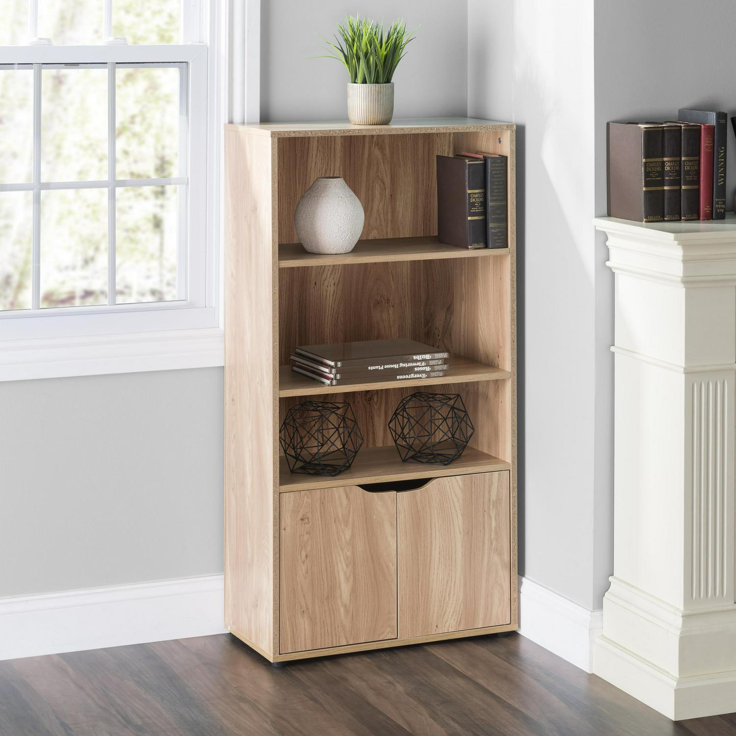 3 Tier Wood Bookcase with Doors， Natural