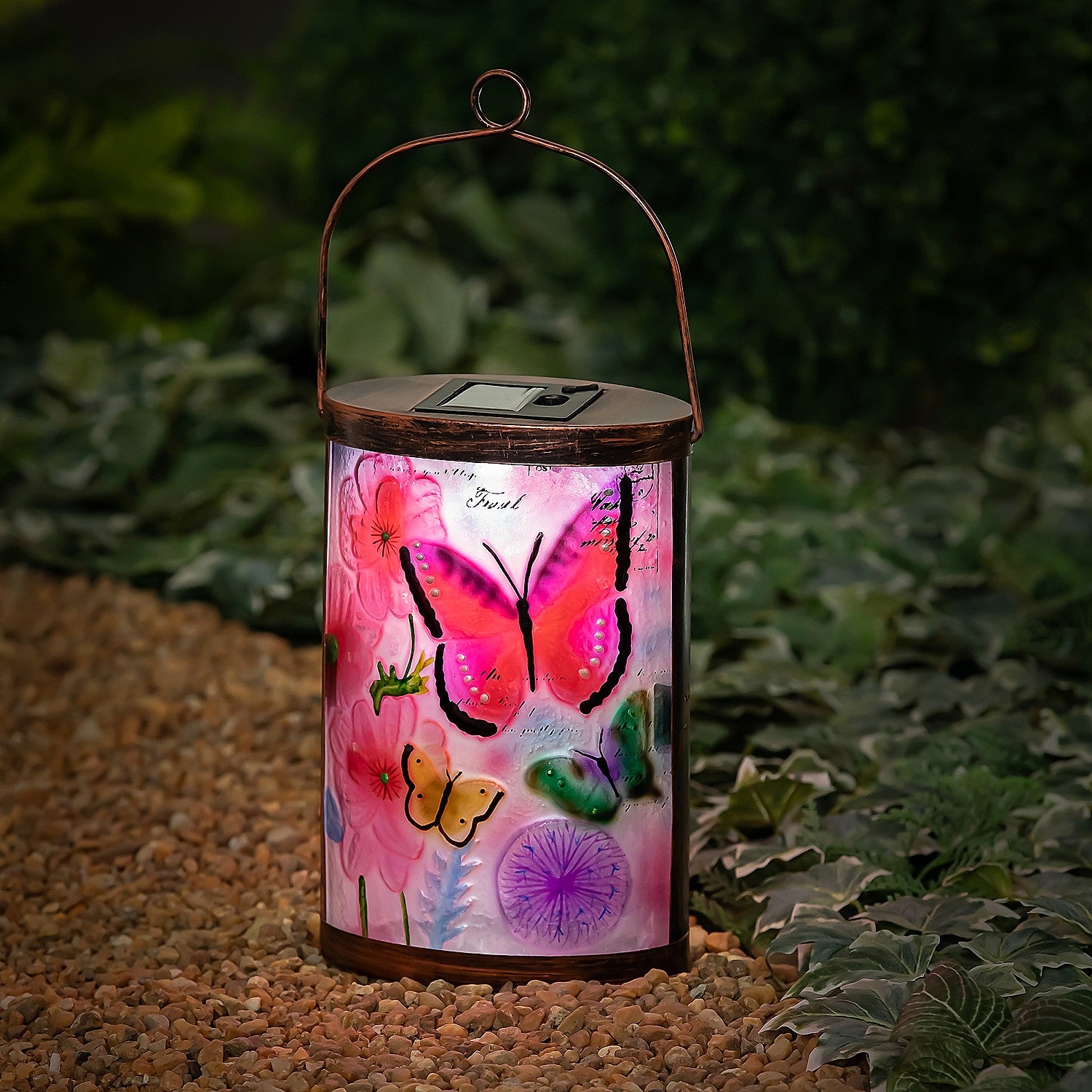 Evergreen Handpainted Solar Glass Lantern， Butterfly Prints， 3.7'' x 5.9'' x 9.5'' inches.