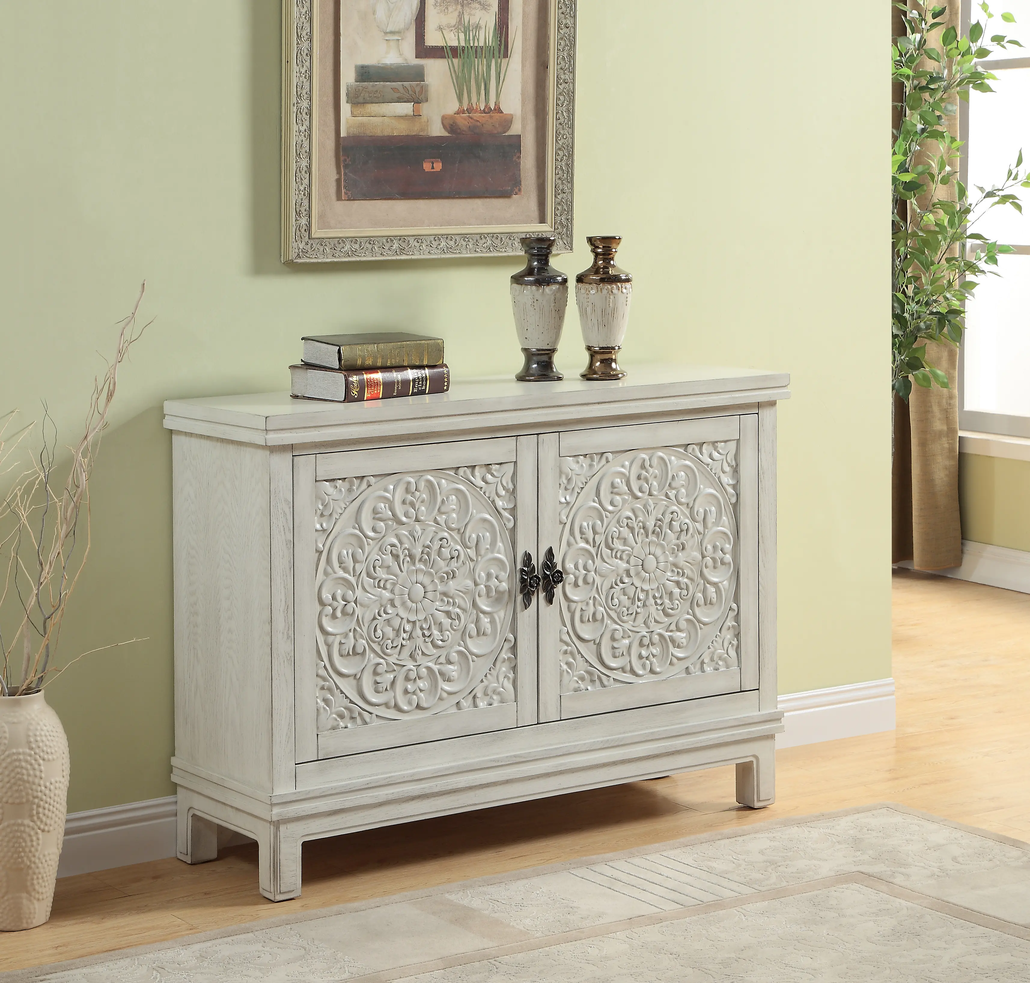 Galina Cream Wood Cabinet with 2 Carved Doors