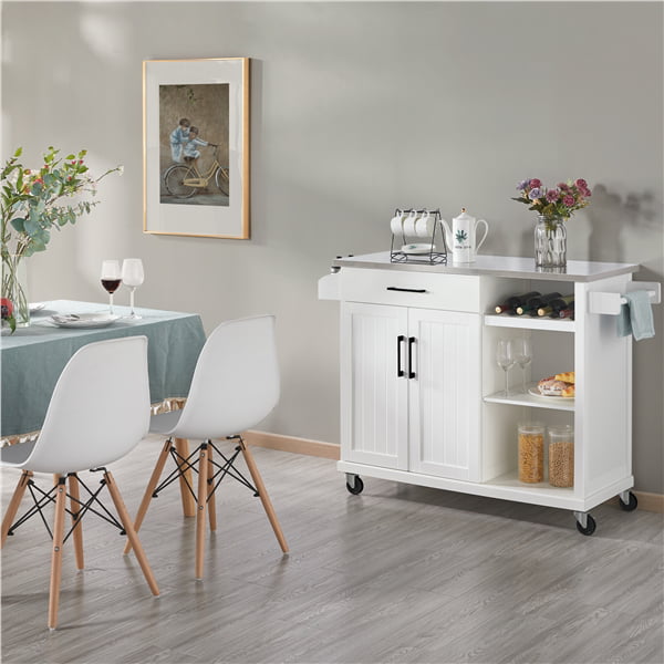 Easyfashion Rolling Kitchen Island Cart with Stainless Steel Top and Storage， White