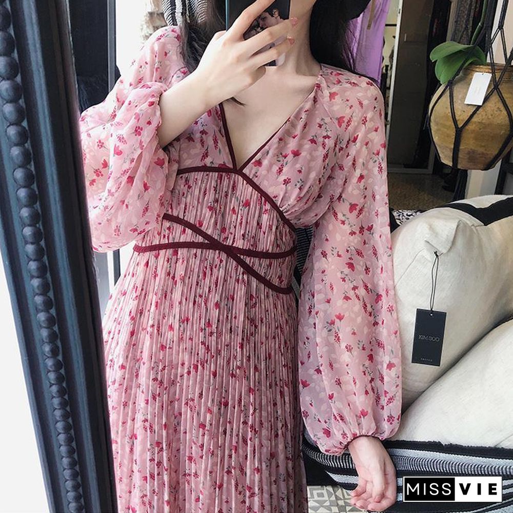 Rugod New Arrival Women Floral Long Pleated Dress V-Neck Long Sleeves Slim Dress Sweet Fairy Temperament Korean Style