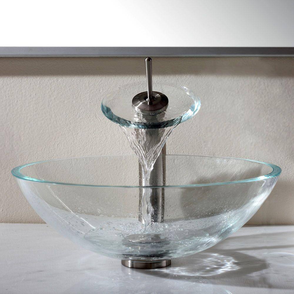 KRAUS Glass Vessel Sink in Crystal Clear with Waterfall Faucet in Satin Nickel C-GV-100-12mm-10SN