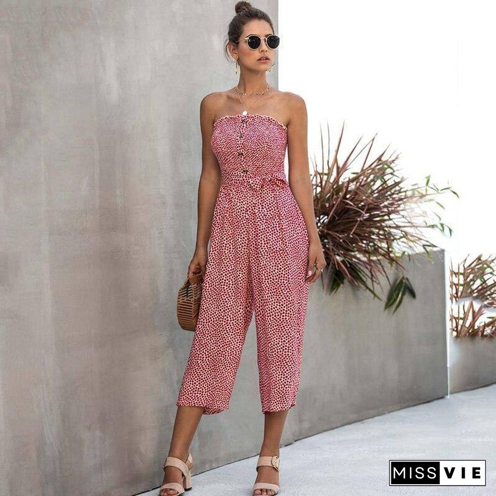 Floral Long Jumpsuit Elegant Women Backless Romper Summer Jumpsuit Female Cotton Pocket Ladies Strapless Overalls For Women