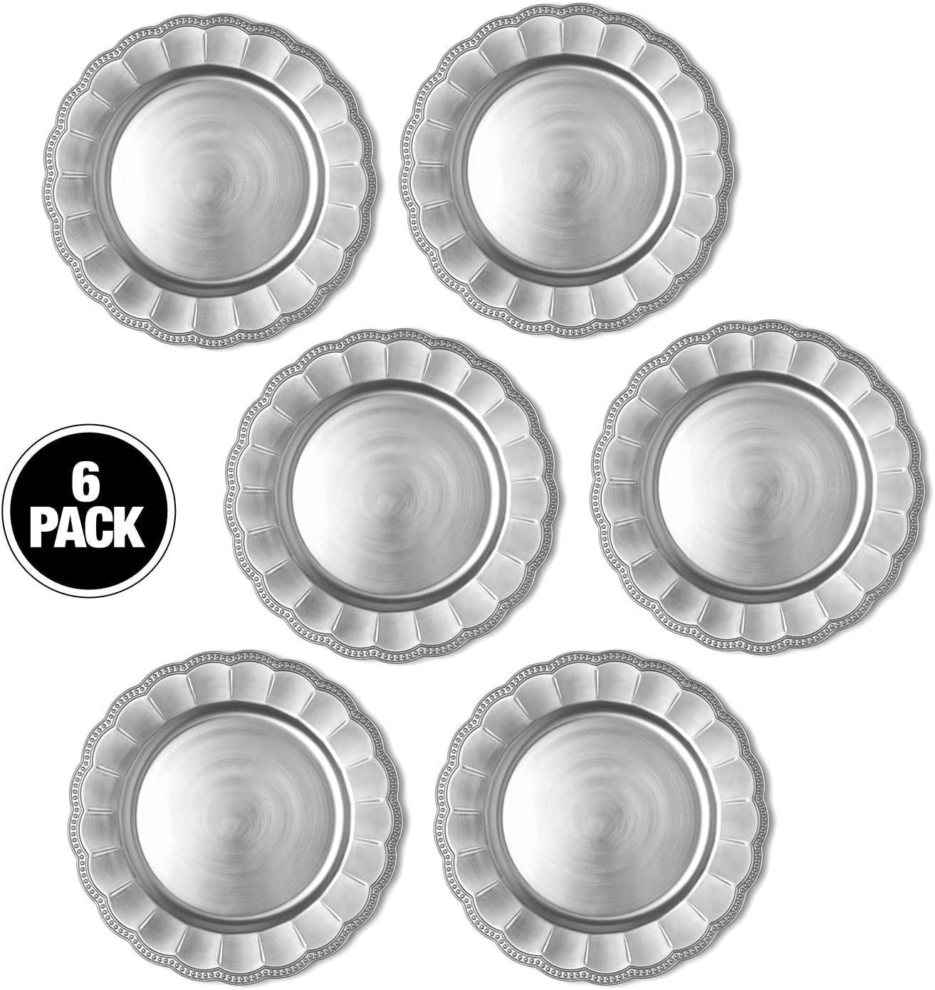 Sunflower Silver Charger Plates， 13” Elegant Chargers， Set of 6， Hand Finished (Finish May Vary) Silver Chargers for Dinner Plates and Bowls， Perfect for Weddings， Parties