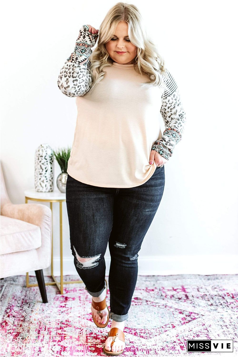 Apricot Plus Size Contrast Long Sleeve Top