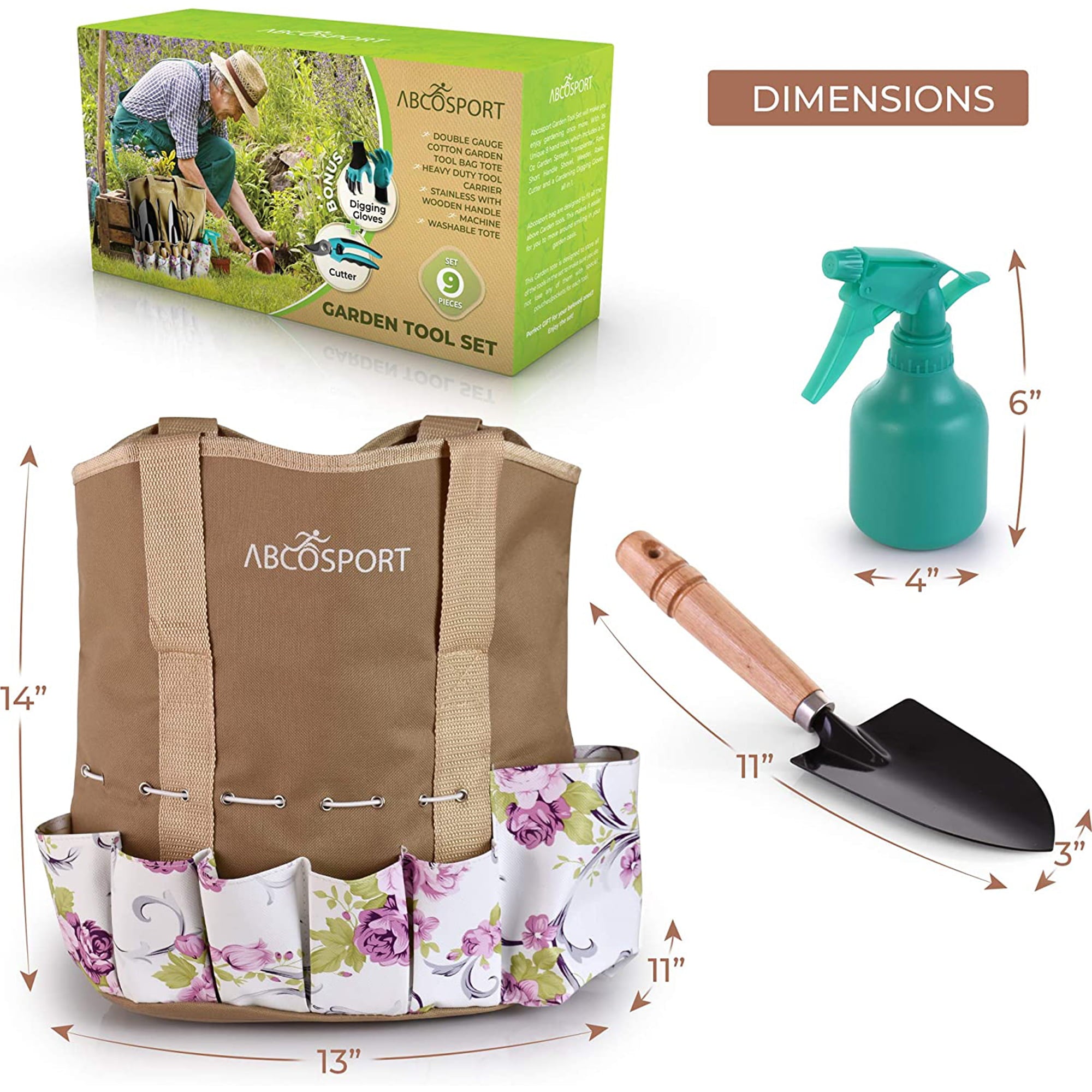 Garden Tools Set - 9 Piece Gardening Kit - Easy to Carry Tote Bag - Pretty Floral Design - Ergonomic Wooden Handle & Heavy Duty, Machine Washable