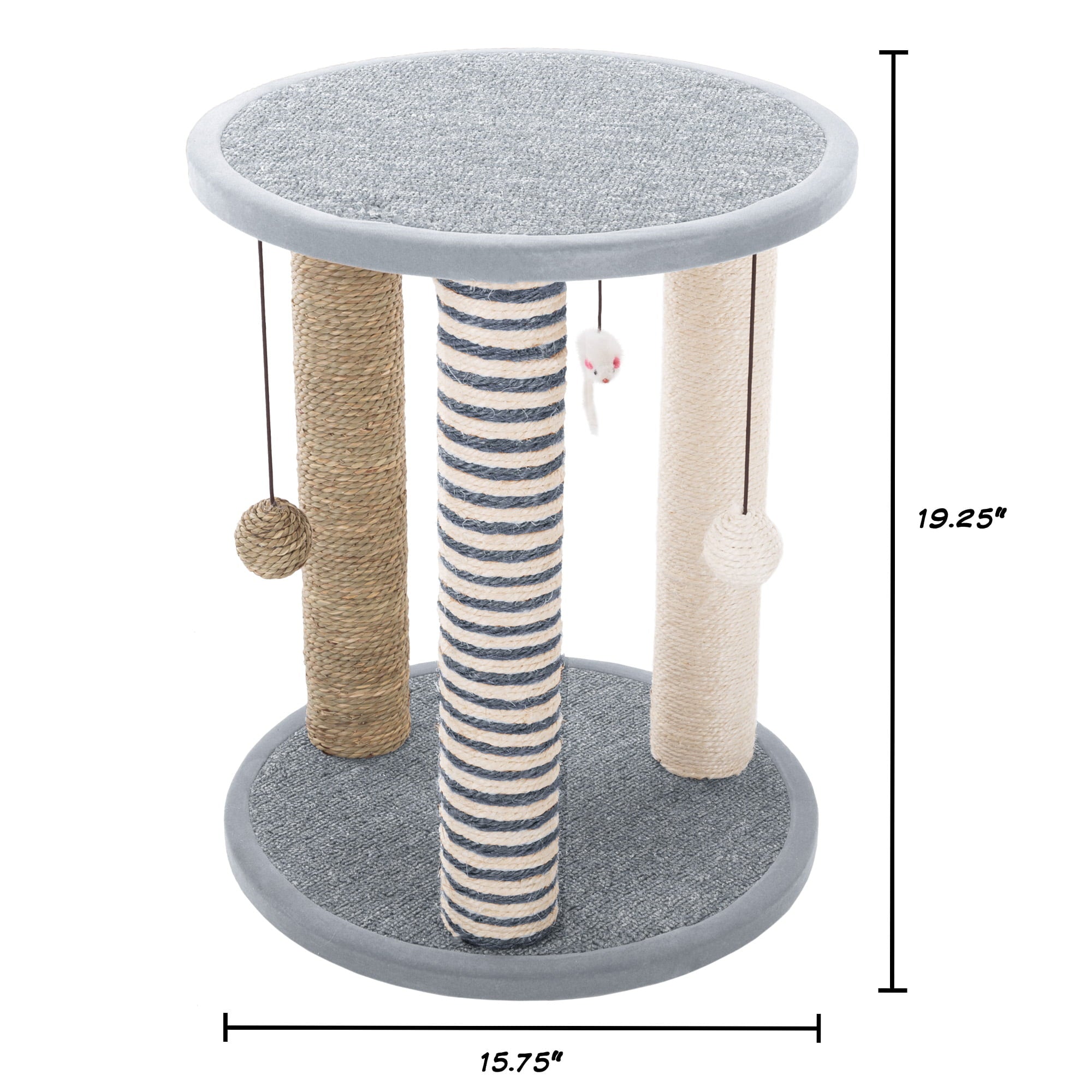 Cat Scratching Post Tower with 3 Posts， 2 Carpeted Perches， Sisal Rope Scratchers for Indoor Cats， Hanging Mouse， and Ball Toys by PETMAKER (Gray)