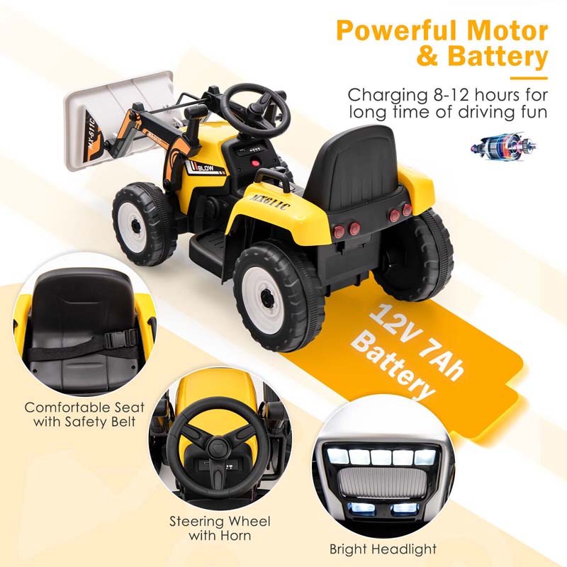 12V Kids Ride On Excavator Digger with Digging Bucket, Battery Powered Electric Tractor RC Construction Vehicle