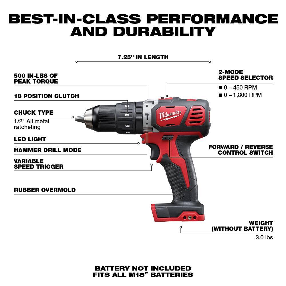 MW M18 18V Lithium-Ion Cordless 12 in. Hammer DrillDriver (Tool-Only) 2607-20