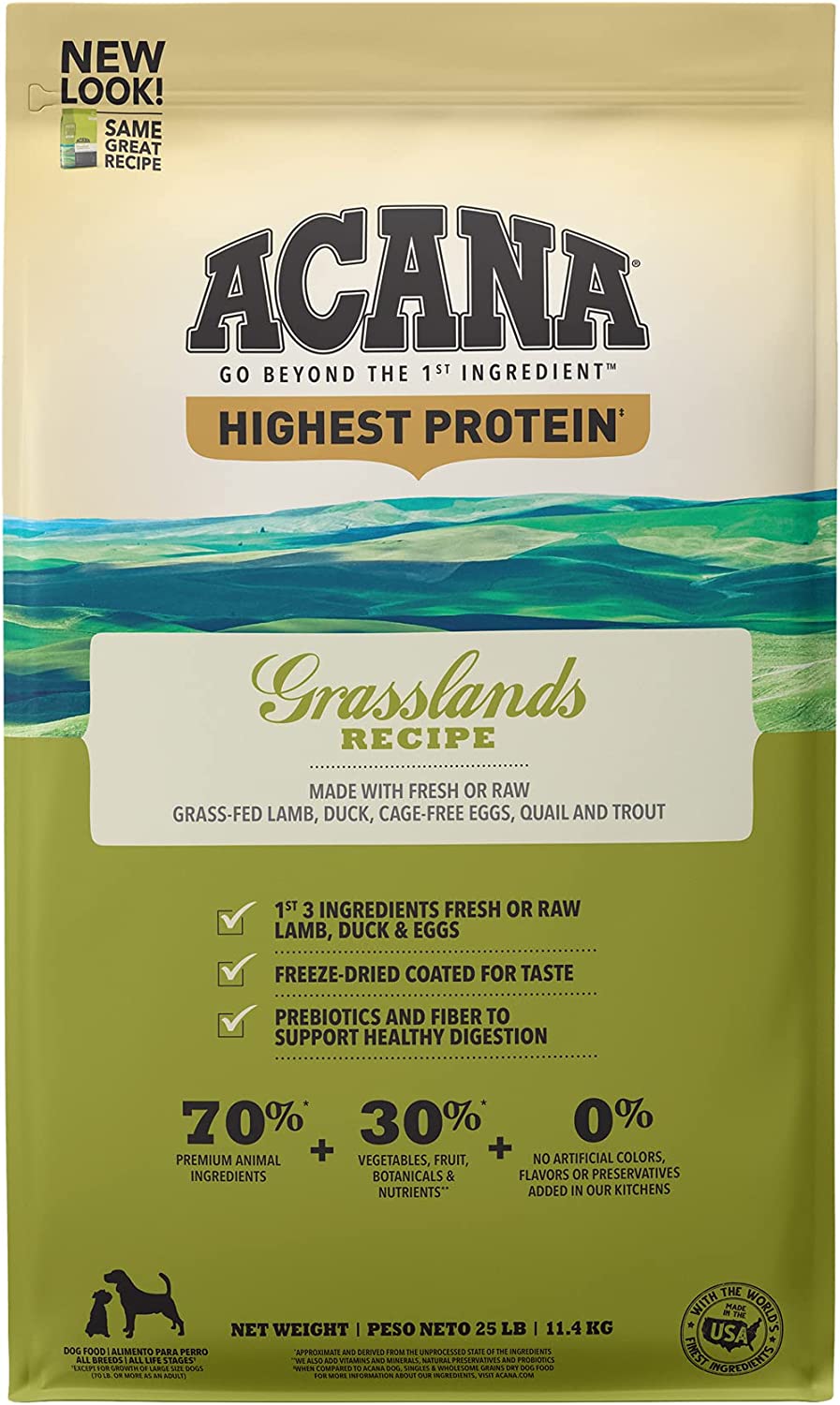 ACANA Highest Protein， Grasslands， Grain Free Dry Dog Food， 25lb