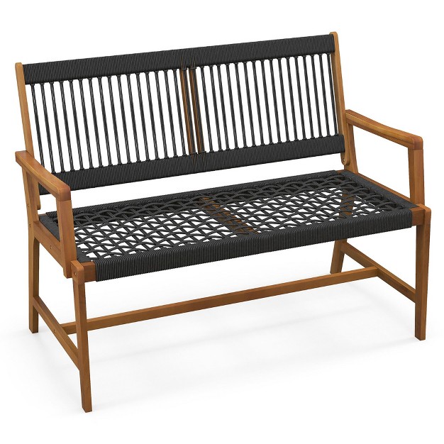 Tangkula Patio 2 person Acacia Wood Bench All weather Rope Woven Outdoor Garden Natural