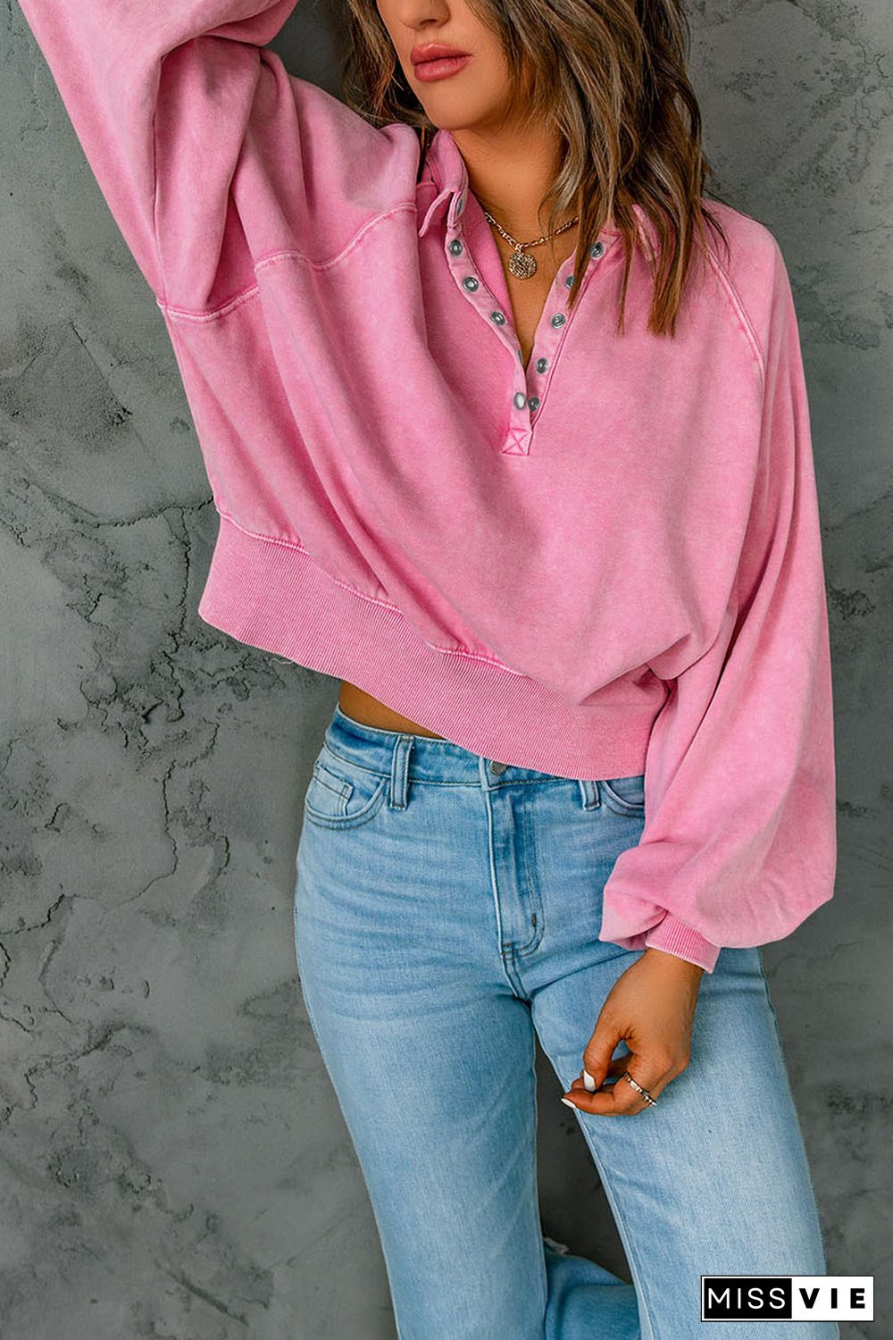 Pink Washed Snap Buttons Lantern Sleeve Pullover Sweatshirt