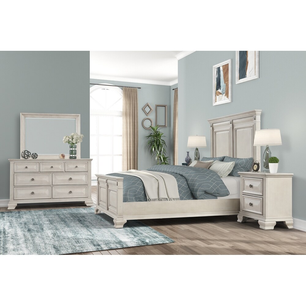 Roundhill Furniture Renova Distressed Parchment Wood Bedroom Set with Panel Bed  Dresser  Mirror  Nightstand  Chest