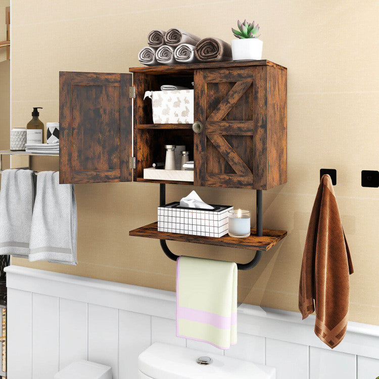 Forclover Bathroom Cabinet Wall Mounted Medicine Cabinet with Double Doors, Open Shelf, Towel Rack, Toilet Spacesaver for Bathroom, Living Room, Kitchen, Above Toilet Storage Cabinet, Rustic Brown