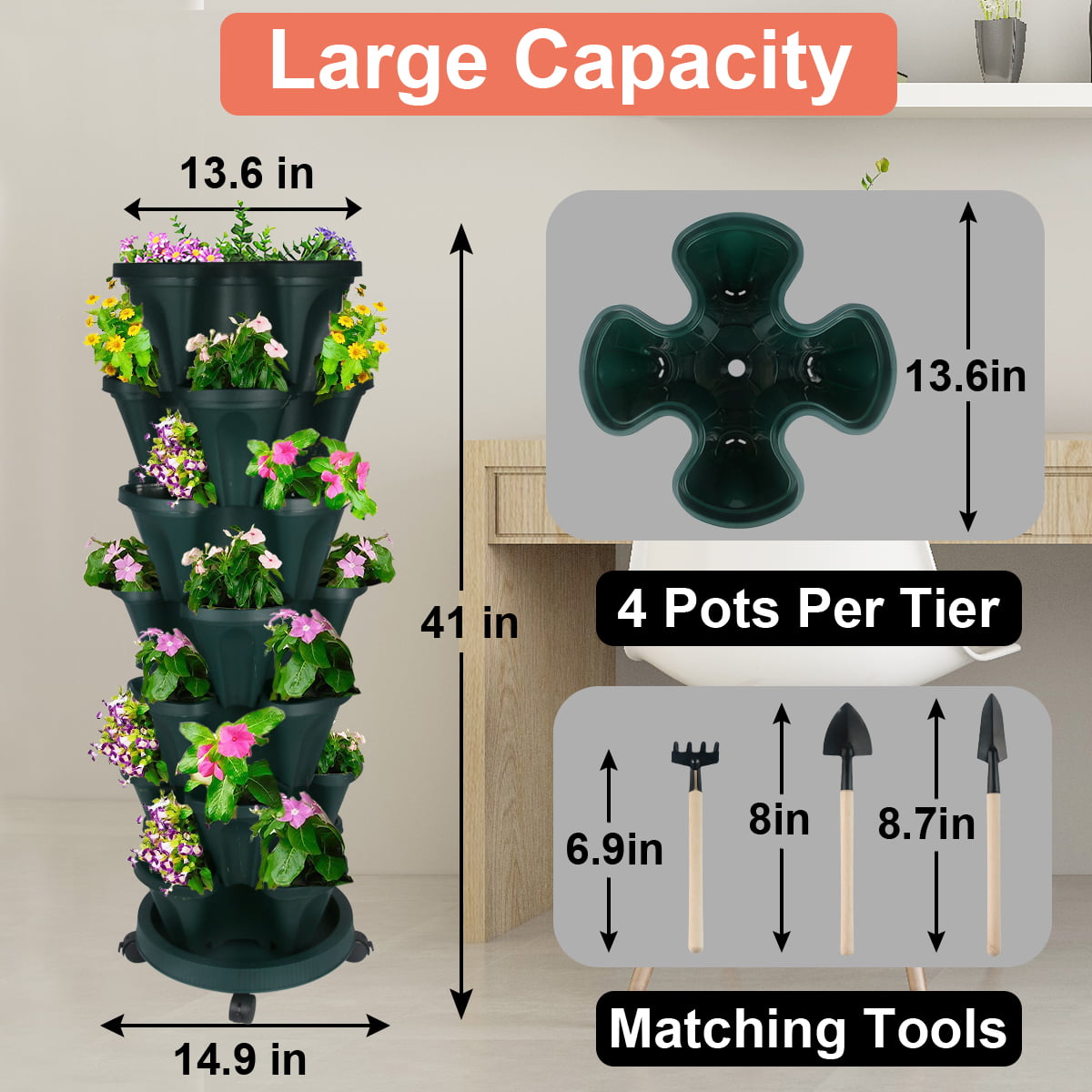 Strawberry Vertical Planter Tower Garden, 7 Tiered Planter Stackable Herb Garden Planter with Movable Casters and Bottom Saucer Indoor and Outdoor - Green - 2Set