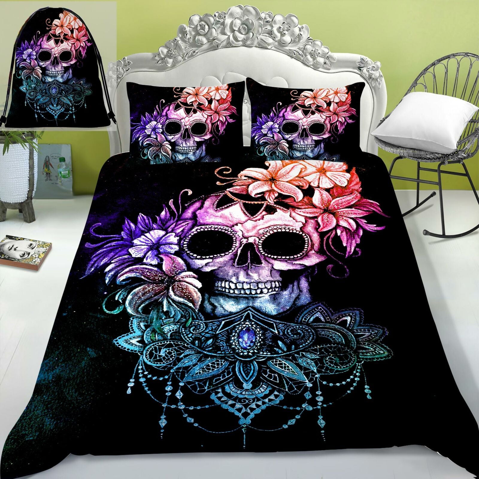 Halloween Bed Gift 3D Color Skull Bedding Set Duvet Cover Set with Bag 3D Print Bedroom Decoration，Full (80