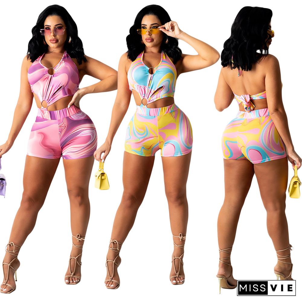 Sexy Tie Dye Print Halter Hollow Out Bandage Backless Nightclub Party Bodycon Womens Romper