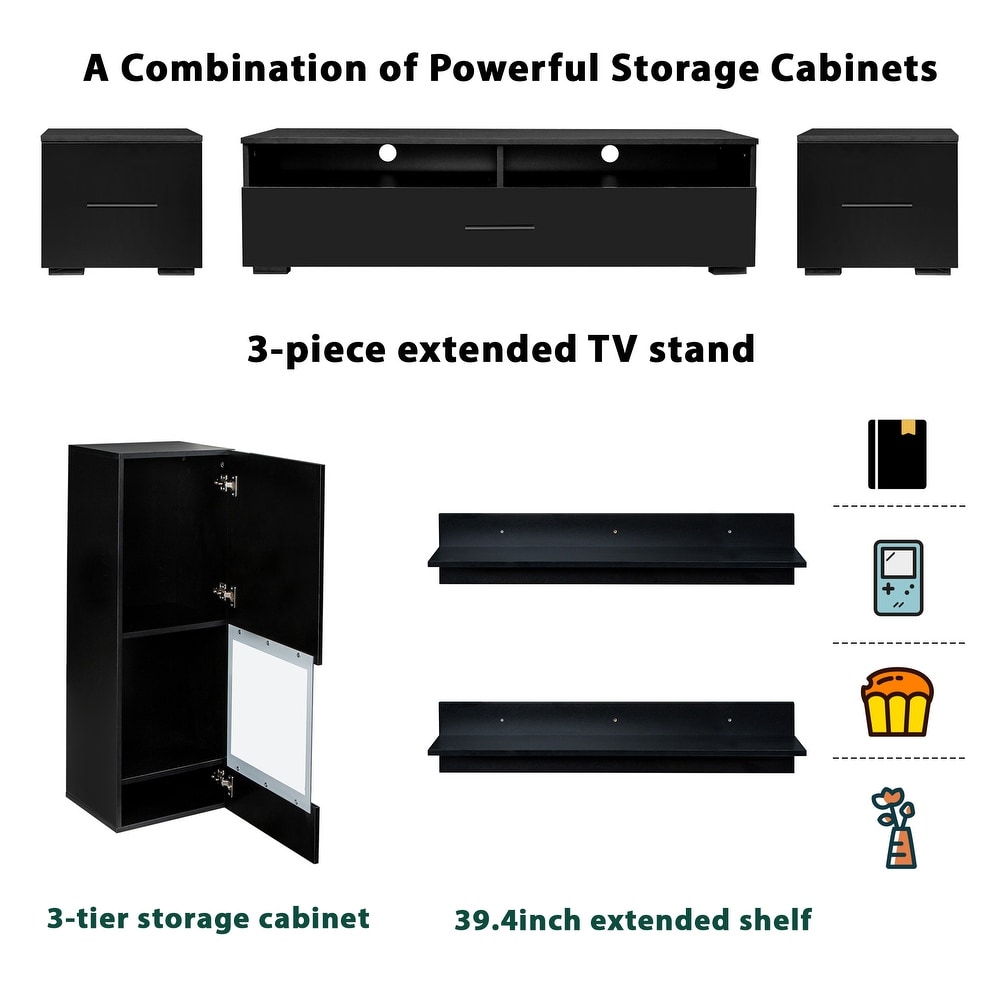 Floating TV Stand with 3 Storage Cabinets   2 Shelves  Modern High Gloss TV Cabinet with 16 Color RGB LED Lights for Living Room