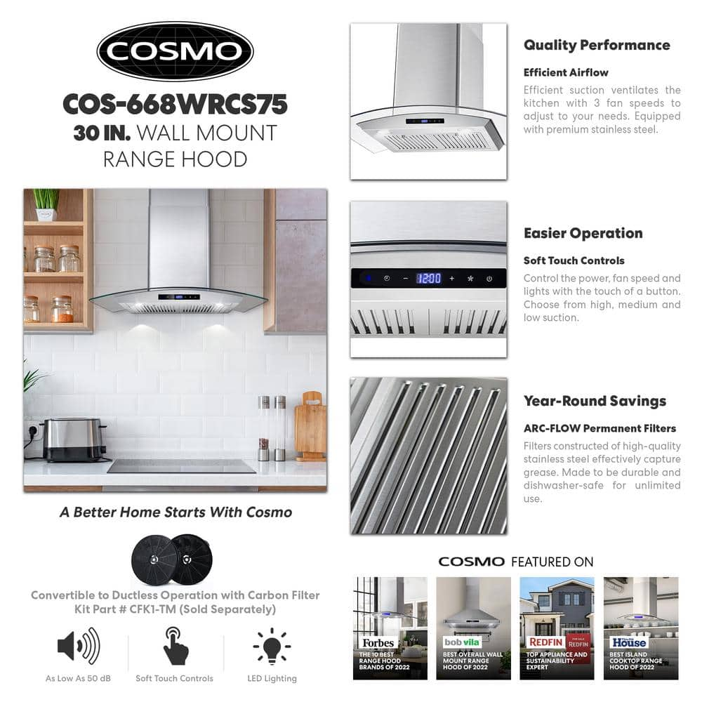 Cosmo 30 in Ducted Wall Mount Range Hood in Stainless Steel with Touch Controls LED Lighting and Permanent Filters