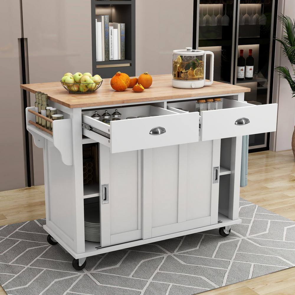 White Rubberwood Drop-Leaf Countertop 52.2 in. Kitchen Island Cart Sliding Barn Door with Storage and 2-Drawer EC-KIWW-9161